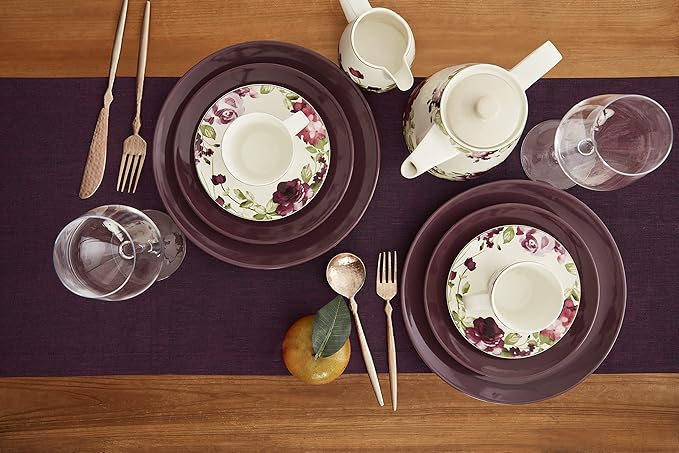 Solino Home Linen Chambray Burgundy Table Runner 156 Inches Long - Athena, 100% Pure Linen 14 x 156 Inch Table Runner for Fall, Autumn, Thanksgiving