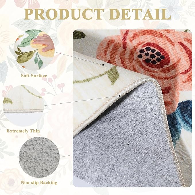 DUKINO Runner Rug, 2x10 Kitchen Hallway Carpet, Washable with Non-Slip Backing, Low Pile Soft Boho Floral for Entryway, Laundry, Bedroom, Beige Yellow