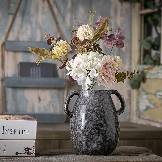 Black Ceramic Vase with 2 Handles, Modern Farmhouse Decor, Rustic Terracotta Pottery, Decorative Flower Vases, Clay Small Vase, Centerpiece for Dining Table - 7 Inch Tall