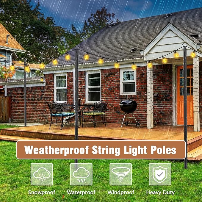 String Light Poles,Metal Poles for Hanging Outdoor Light Strings,2 Pack 10 FT Light Poles Stand for Outside Garden,Patio,Wedding,Backyard,Deck,Party