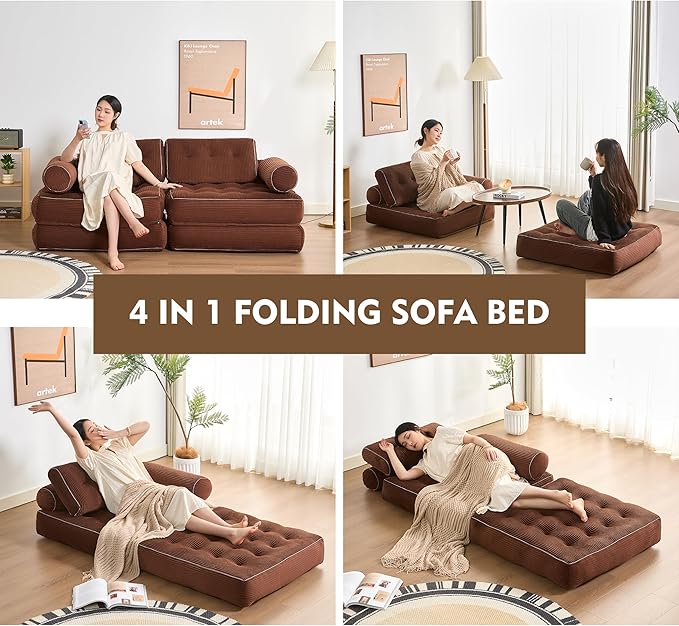 Plus Futon Sofa Bed for Small Spaces, Floor Couch with Armrest, Folding Sofa Couch, Convertible Sleeper Chair Bed with Pillow, Portable Comfy Floor Lounge for Living Room and Bedroom, Brown