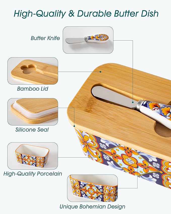 vancasso SIMI Butter Dish with Lid, 6.5" Large Butter Dish for Countertop, Bohemian Ceramic Butter Keeper Container with Knife and Bamboo Lid, Butter Holder for Counter, Amber Elegance