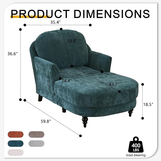 Chaise Lounge Chair Indoor, 59.8" Oversized Couch Reading Chairs, Chenille Comfortable Deep Sleeping Single Sofa, Upholstered Modern Couch Sofa Bed for Living Room, Bedroom & Apartment (Blue)