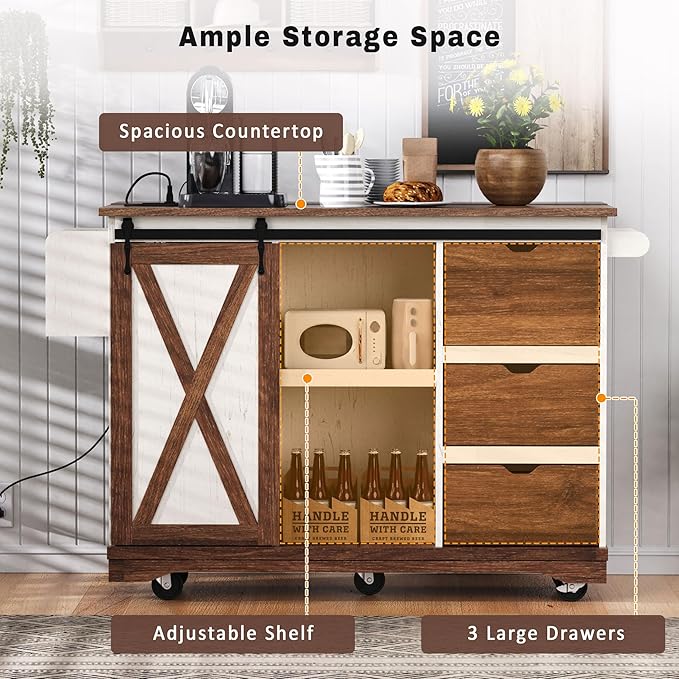 55.5" Farmhouse Kitchen Island with Drop Leaf, Kitchen Storage Island with Barn Door, Power Outlet, for Home, Kitchen, Dining Room, White