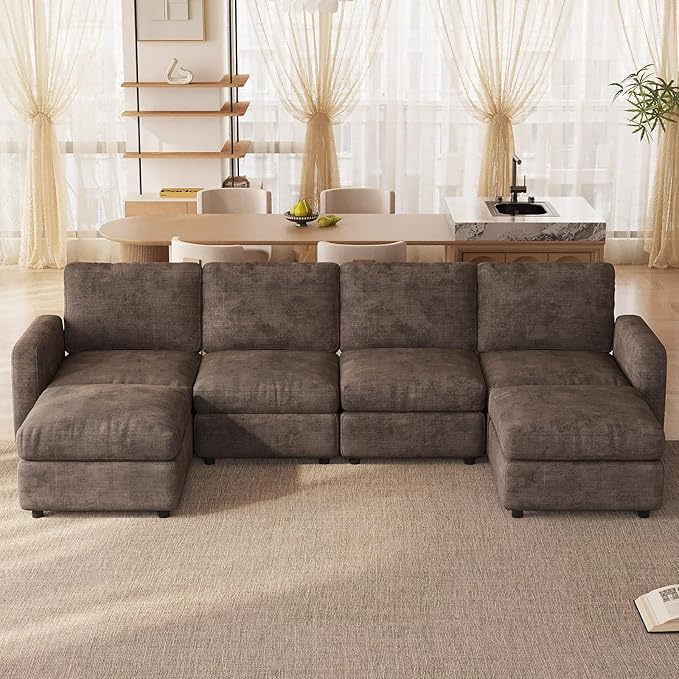 6-Seat Modular Sectional Sofa Couch with Ottoman Storage, Convertible Sleeper Sofas for Living Room Bedroom Apartment, Comfy Brown Cloud Futon Lounge Couches Furniture Set
