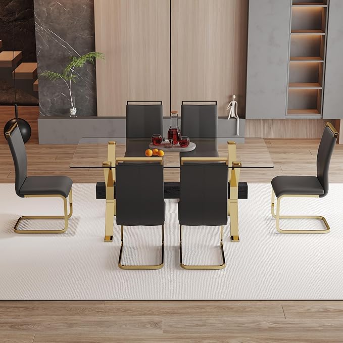 7 Piece Glass Dining Table Set, Kitchen Table Chairs Set for 6, 71'' Dining Table with 0.4" Tempered Glass Tabletop with Plated Metal Legs and MDF Crossbar, 6 PU Chairs for Dining Room, Kitchen.