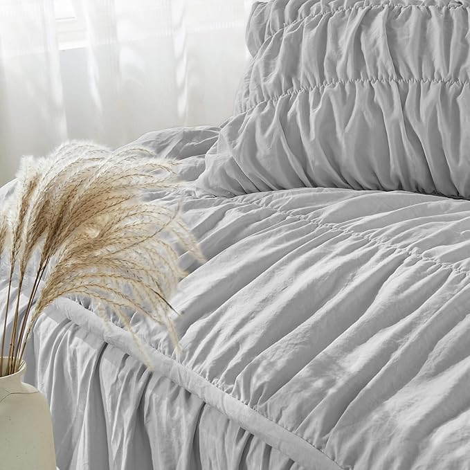 Bonlino Queen Comforter Set Light Grey Bedding - Ruched Comforter Queen Size Bed Set Boho Shabby Chic Comforter Fluffy 3 Piece Ruffle Comforter Set Pillow Girl Bedding Soft