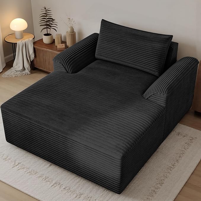 Claiks 68" Oversized Chaise Lounge Chair Indoor, Corduroy Upholstered Boneless Sofa Bed, Deep Seat Sleeper Couch with Pillows and Armrest, Cloud Sofas Reading Chair for Living Room, Black