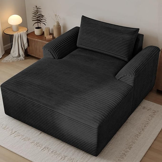 Claiks 68" Oversized Chaise Lounge Chair Indoor, Corduroy Upholstered Boneless Sofa Bed, Deep Seat Sleeper Couch with Pillows and Armrest, Cloud Sofas Reading Chair for Living Room, Black