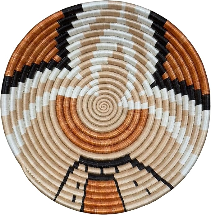 Handwoven African Basket Handmade sisal Fruit Bowl Wall Hanging decorative Baskets for Home Living Room Kitchen Centerpiece Zen Designs Arts and Crafts (Tan Teja Natural Black, 8in diameter)