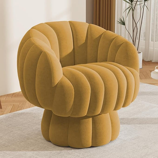 Mid Century Modern 360 Degree Barrel Swivel Accent Sofa Chair,Fluffy Velvet Fabric Lounge Wide Upholstered Pumpkin Reading Chair, Round Cloud Armchair for Living Room,Bedroom,Vanity(Mustard)