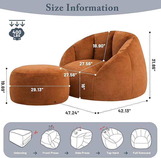 Giant Bean Bag Chaise Lounge Indoor Chair for Adults with Ottoman - Comfy Plush Round Shell Soft Accent Chair, Oversized Cozy Floor Sofa for Living Room Dorm Game Rooms, Orange