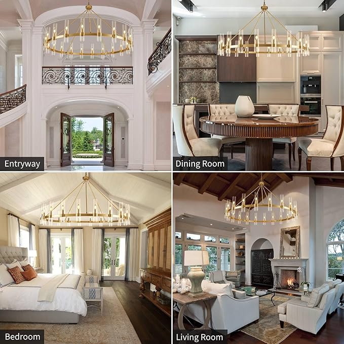 Gold Wagon Wheel Chandelier, 60 Inch Glass Chandeliers, 20 Light Chandelier for High Ceiling, Modern Farmhouse Chandeliers for Living Room, Dining Room, Entryway, Stairwell(Bulbs Included)