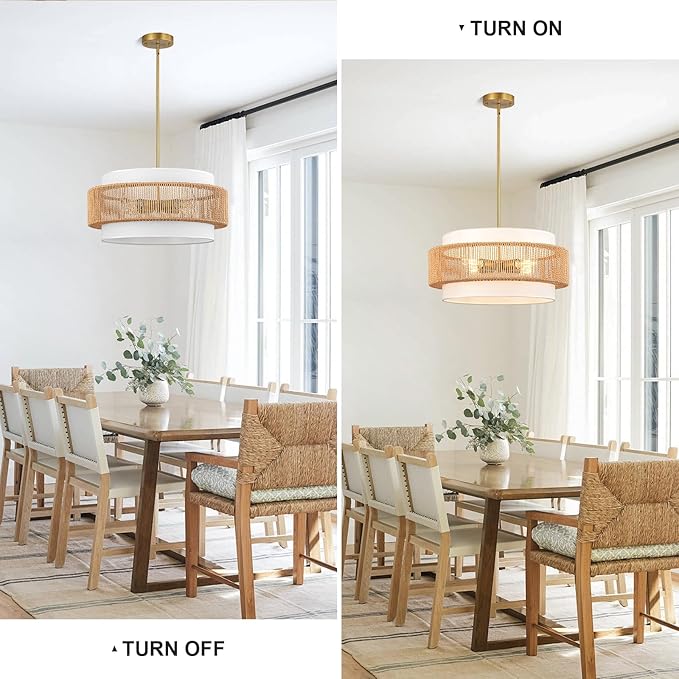 Boho Rattan Chandelier, 19.7" Large Boho Pendant Light with Fabric Lampshade, 4-Light Rattan Light Fixture Ceiling Hanging for Dining Room, Living Room, Bedroom, Kitchen Island, Hallway, Foyer