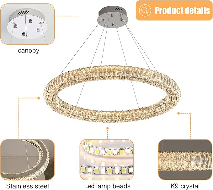 Modern Led Ring Chandelier 1 Ring Dimmable 31.5" Adjustable Round Chrome Crystal Chandelier for Dining Room Living Room