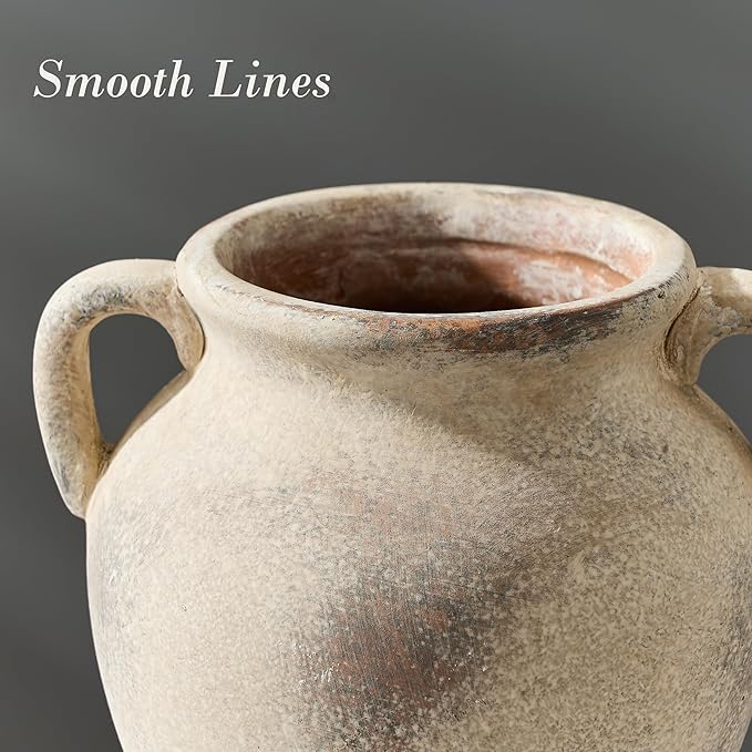 Ceramic Rustic Flower Vase with Handles, 8.46 Inch Tall Vintage Pottery Home Decor, Farmhouse Terracotta Vase for Living Room, Table, Shelf, Mantel Decoration, Farmhouse- Brown