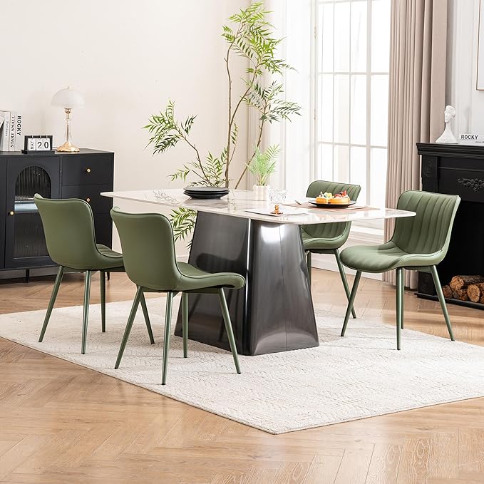 YOUNUOKE Mid-Century Modern Dining Chairs Set of 2, Green PU Leather Upholstered Kitchen Chairs with Green Metal Legs, Armless Accent Chair for Dining Room, Guest Reception Room
