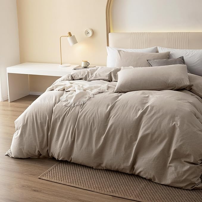 JIYUAN 100% Washed Cotton Duvet Cover Set 3 PCS Oversized Queen,1 Duvet Cover 98"x98"(Comforter Not Included) and 2 Pillowcases, Linen Like Comfy and Breathable, Heathered Tannish Linen Grey