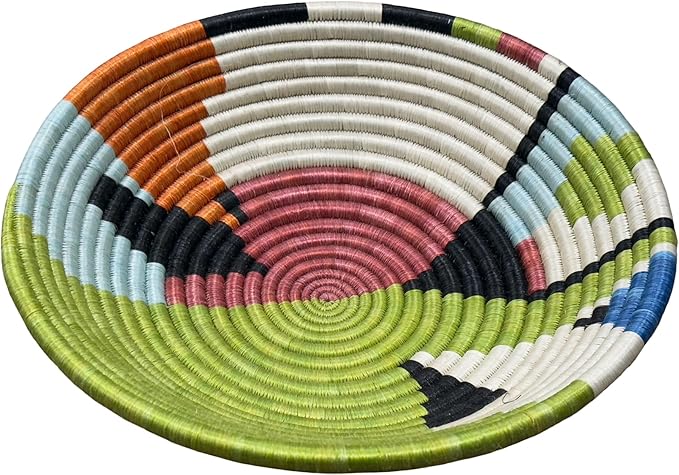 Handwoven African Basket Handmade sisal Fruit Bowl Wall Hanging decorative Baskets for Home Living Room Kitchen Centerpiece Zen Designs Arts and Crafts (Green Burgundy, 8in diameter)