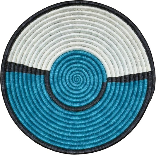 Handwoven African Basket Handmade sisal Fruit Bowl Wall Hanging decorative Baskets for Home Living Room Kitchen Centerpiece Zen Designs Arts and Crafts (Teal Black White, 10in diameter)
