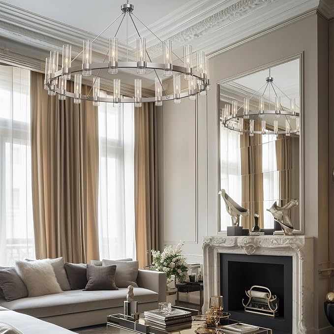Nickel Chandelier,20-Light Wagon Wheel Chandelier with Glass Shade, 60 Inch Large Round Industrial High Ceilings Pendant Lighting Fixture for Dining Room, Living Room, Kitchen Island