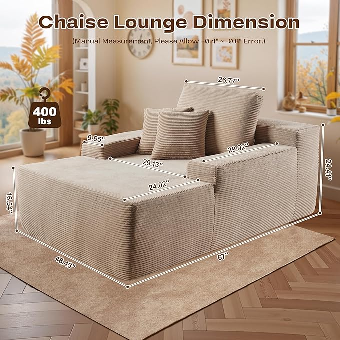 Chaise Lounge Chair Indoor, Oversized Sleeping Couch 67" L * 48.5" W Assembly Free Modern Minimalist Sofa, Extra Deep Large Single Seat Sofa for Living Room (Camel Corduroy Fabric)