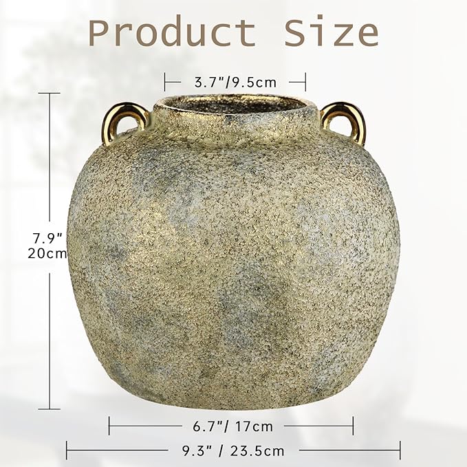 7.9" Vintage Farmhouse Vase, Rustic Ceramic Flower Vase with 2 Ears, Electroplated Terracotta Boho Vases Decor, Decorative Vases for Home Decor, Living Room, Mantel, Entryway, Wedding, Tabletop Decor
