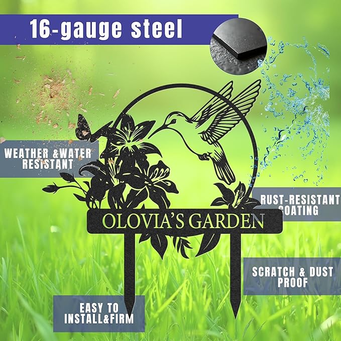 Personalized Metal Garden Sign, Custom Name Stake Decor, Hummingbird Yard Art, Outdoor Gardening Metal Decor, Home Garden Stake, Gifts for Gardeners