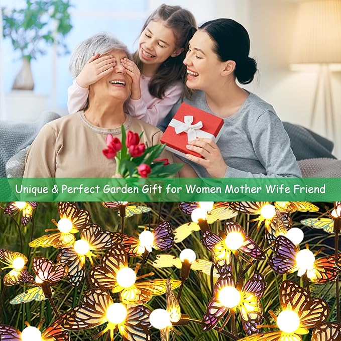 Solar Garden Butterfly Lights, 2 Pack 16 LED Solar Swaying Lights, Swaying in The Wind, Waterproof Firefly Light Outdoor Fairy Light for Garden Patio Yard Pathway Flower Bed Decoration