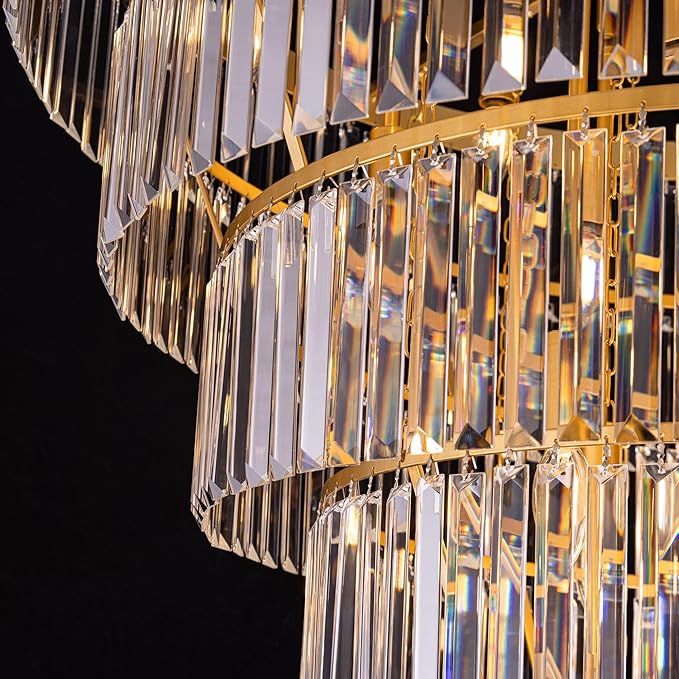 TOCHIC Large Crystal Chandelier for High Ceiling, 40-inch 7-Tier Modern Gold Crystal Chandeliers Lighting Fixture, Raindrop K9 Round Light for Entryway Staircase Foyer Living Bedroom Dining Room