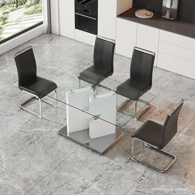 Glass Dining Table Set of 4, 63" Dinner Room Glass Table Set for 4, Modern Kitchen Dinner Table Set with 4 Upholstered Faux Leather Dining Chairs for Living Dining Office Room