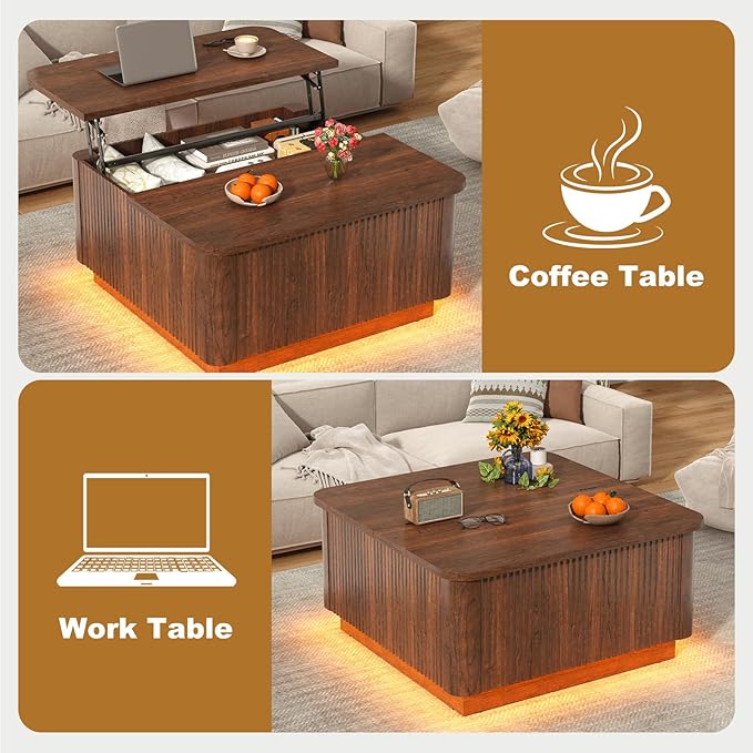 Lift Top Coffee Table with Storage,Wood Square Coffee Tables W/6000-Colors Lighting,Multi-Function Groove Texture Center Table W/Large Hidden Space for Living Room,Bedroom,Home,Office(Walnut)