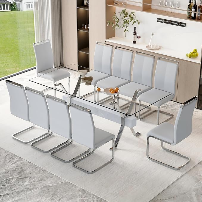 11 Piece Glass Dining Table Set, 79" Modern Dining Table Set for 10, 0.5" Thick Tempered Glass Tabletop with Silver Chrome Metal Legs and Grey Crossbar, 10 PU Chairs for Dining Room, Kitchen