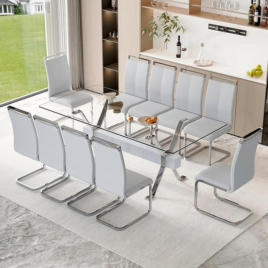 11 Piece Glass Dining Table Set, 79" Modern Dining Table Set for 10, 0.5" Thick Tempered Glass Tabletop with Silver Chrome Metal Legs and Grey Crossbar, 10 PU Chairs for Dining Room, Kitchen