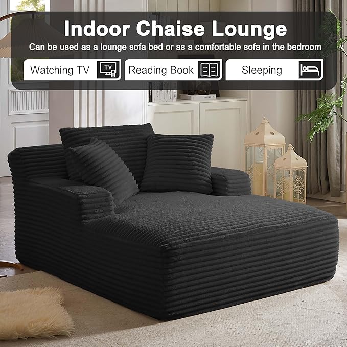 GNIXUU Oversized Chaise Lounge Chair Indoor, Comfy Lounge Sofa Upholstered Boneless Couch Bed with Throw Pillows and Armrests, Corduroy Plush Cloud Sofa Reading Chair for Living Room, Black