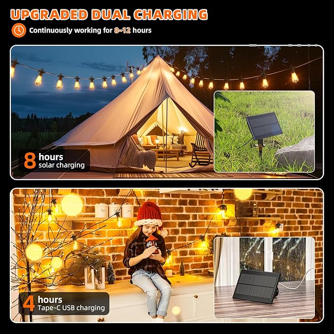 Kawaya Solar Powered String Lights for Outside: 100 FT LED Outdoor Patio Lights with USB-Charging - IP65 Waterproof Hanging Light - 50+2 Shatterproof Edison Bulbs for Bistro Cafe Camp Yard Balcony