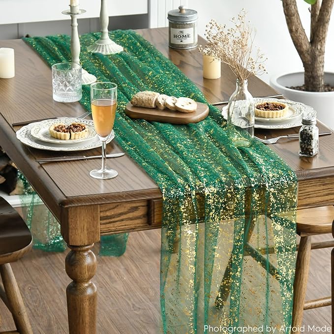 Artoid Mode 6PCS Green Gold Gauze Table Runner 120 Inch 10FT, Glitter Metallic Foil Sheer Dining Wedding Anniversary Holiday Table Decor for Home Party