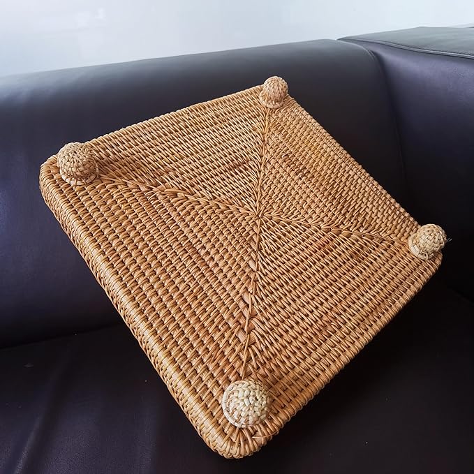 i-lan 12.5" Square Rattan Serving Basket - Square Woven Bread, Fruit, Keys Bowl Pedestal Stand with 1”Side,Flat Wicker Decorative Snack Basket Trays for Candy Dish,Rustic Platter,Display Riser