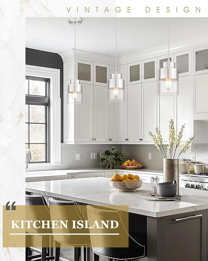 2-Pack Pendant Lights Kitchen Island, Brushed Nickel Dual Shade Hanging Lights Fixtures with Metal and Clear Glass, Kitchen Pendant Lighting Over Island for Dining Room, AD-24022-1P2-SN