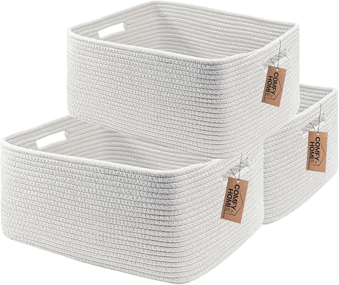 COMFY-HOMI 3 pcs Large Storage Baskets for Shelves, Laundry Basket, Woven Rope Basket, Closet Organizer Bins for Clothes Blanket Towels, Baby Nursery, Gift Toy Baskets, 17” x 13” x 7.5”-White