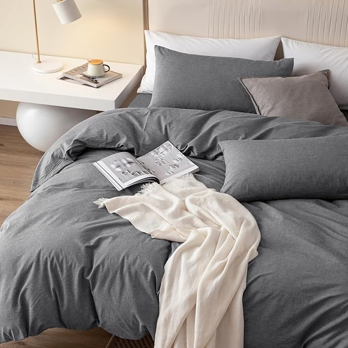 JIYUAN 100% Washed Cotton Duvet Cover Set 3 Pieces Cal King, 1 Duvet Cover 104x98 Inches (Comforter Not Included) and 2 Pillowcases,Linen Feel Bedding Set Comfy and Breathable, Heathered Dark Grey
