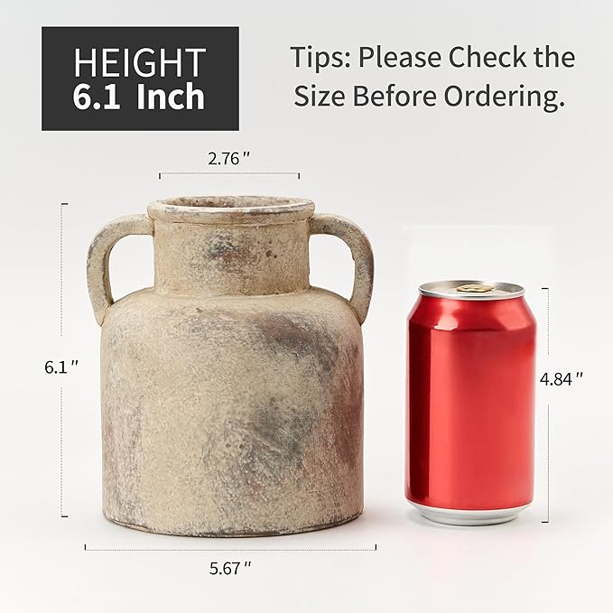 Antique Ceramic Vase with 2 Handles, 6.1 Inch Farmhouse Rustic Flower Vase, Small Vintage Terra Cotta Vases for Home Decor, Wedding, Living Room, Table, Shelf Decor, Neutral