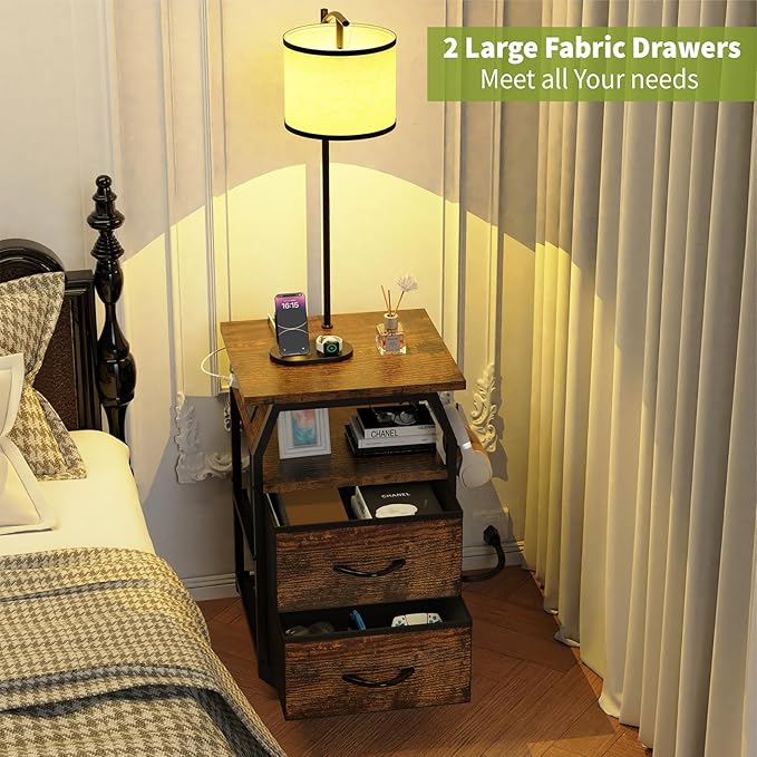 Floor Lamp with Table, End Tables with Lamps Attached 3-Color Temperature Bulb, Side Table with Lamp with 2 Drawers & Charging, Lamps Tables Combo for Bedroom, Dorm, Apartment - Rustic Brown