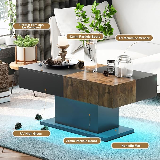 Led Coffee Table for Living Room, Living Room Table Rectangular Center Table, Modern Wooden Coffee Tables with 16 Colors LED Lights for Dining Reception Room