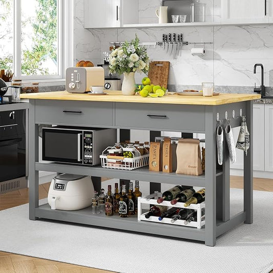 47.3" Solid Rubberwood Kitchen Island with Power Outlets - Extra Large Work Surface, 2 Drawers & Open Shelves Storage Cabinet for Kitchen Dining Room, Farmhouse Style (Grey)