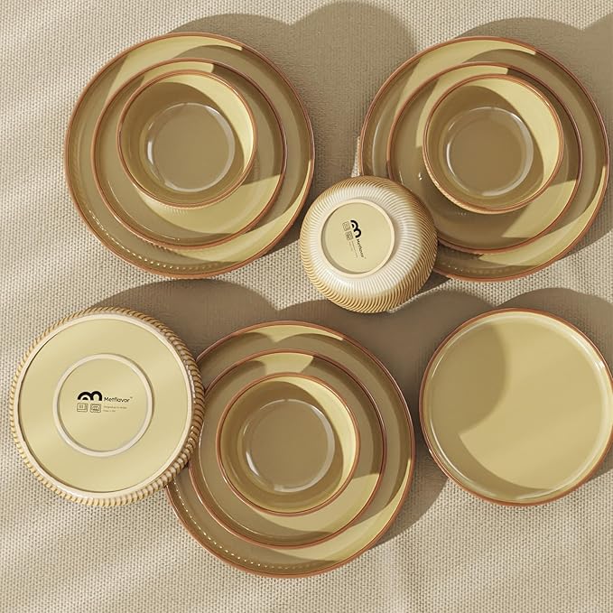 Earthsong Dinnerware Sets for 8, 24-Piece Ceramic Plates and Bowls Set, Dishwasher and Microwave Safe Stoneware Dishes Set, Ribbed, Caramel Dusk