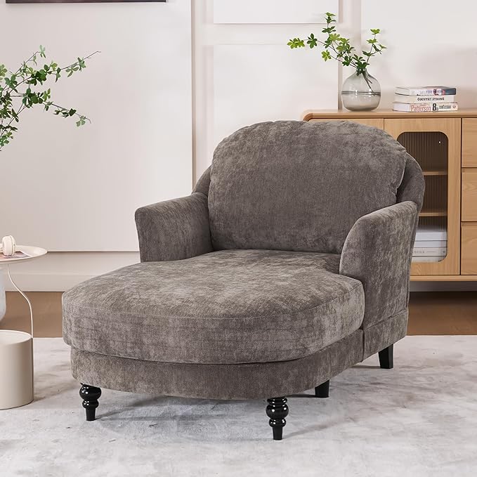 Chaise Lounge Chair Indoor with Pillows - Linen Fabric Comfy Reading Chair Bed, Upholstered Modern Small Couch Sofa Bed for Living Room, Bedroom & Apartment (Brown)
