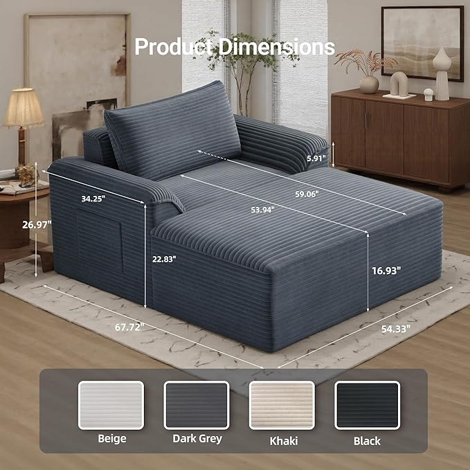 Claiks 68" Oversized Chaise Lounge Chair Indoor, Corduroy Upholstered Boneless Sofa Bed, Deep Seat Sleeper Couch with Pillows and Armrest, Cloud Sofas Reading Chair for Living Room, Dark Gray