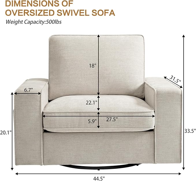 Swivel Accent Chair for Living Room Comfy Single Sofa Chair Soft&Breathable Padding with Extra Wide Armrests Washable Detachable Cover (Beige)