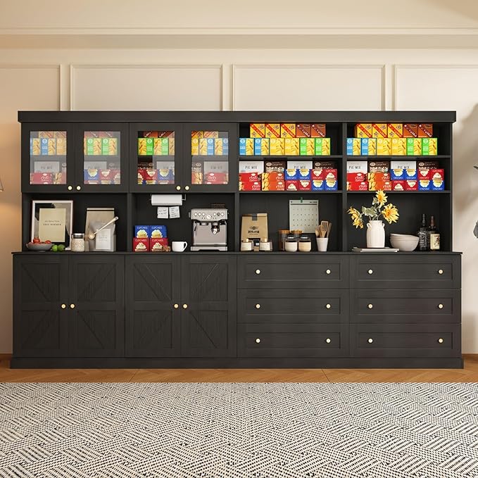 Vyre 71" Farmhouse Kitchen Pantry Cabinet, Black Freestanding Coffee Bar Hutch with Glass Doors, Drawers & Adjustable Shelves, Microwave Stand Storage Organizer for Living Room & Kitchen, Set of 4